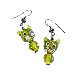 Handmade Green Cat Lampwork Glass Bead Dangle Earrings Whimsical Jewelry